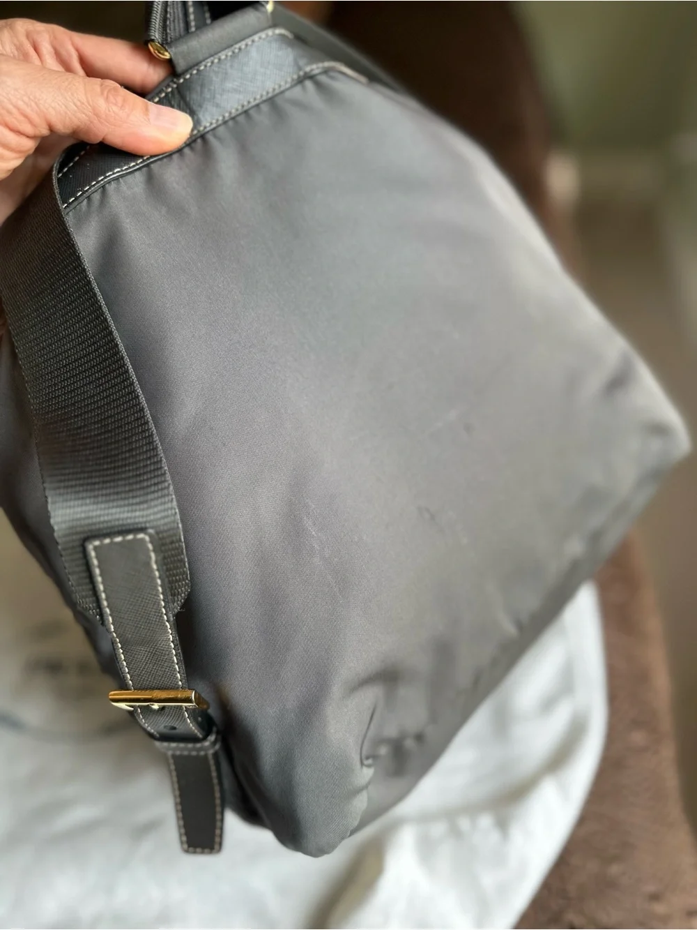 Prada Gray Nylon Drawstring Backpack with Gold Hardware